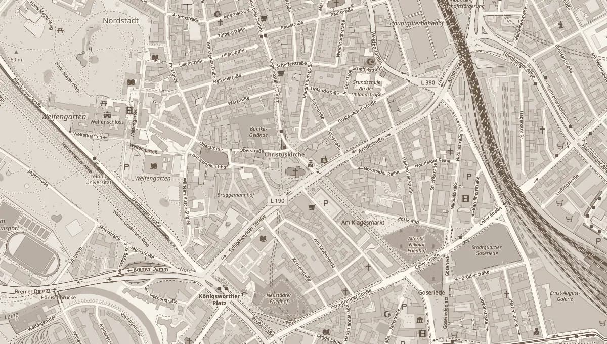Stadtplan der Hannoverschen Nordstadt mit Markierung des Café Bohoo an der Arndtstraße, nahe der Christuskirche